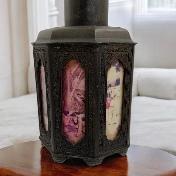 Early 1900's Chinese Shantou Pewter Tea Caddy With Reverse Painted Glass Panels - Picture 6 of 10